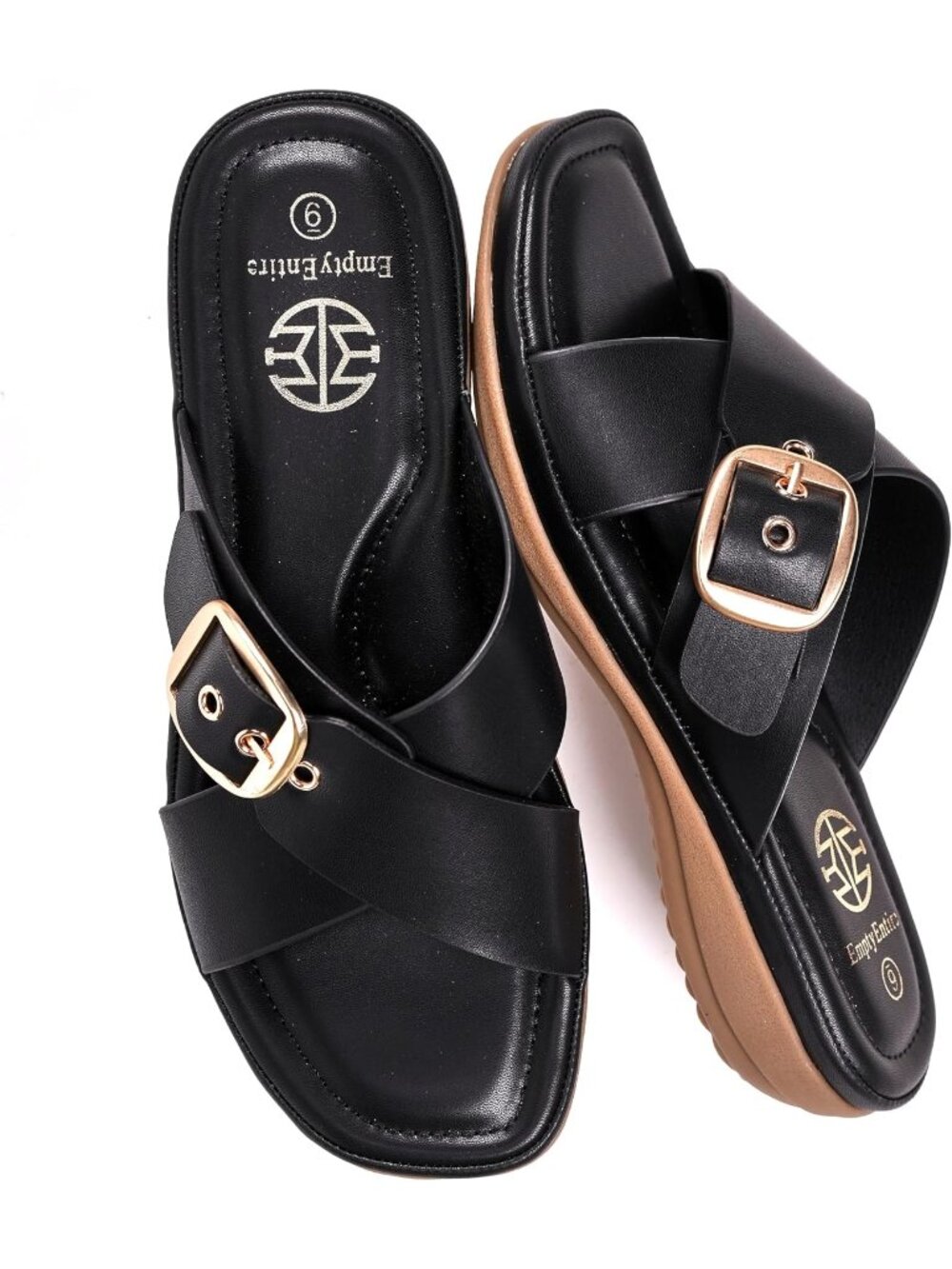 🆕Women's All Black Faux Leather Slip-On Sandals Low Heel Soft Sponge Cushion